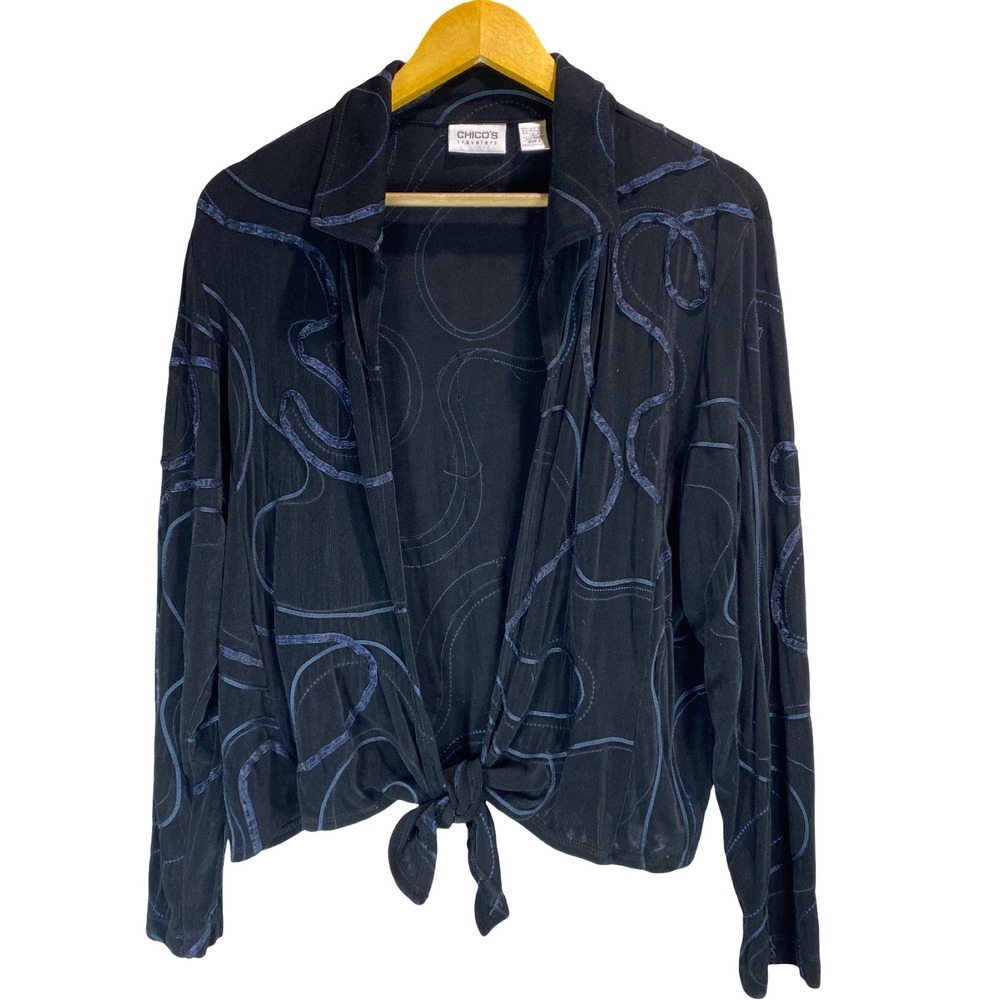 Chicos Travelers Womens Size 2 Black Blue Swirl Ribbon Tie Front Cardigan‎ Top